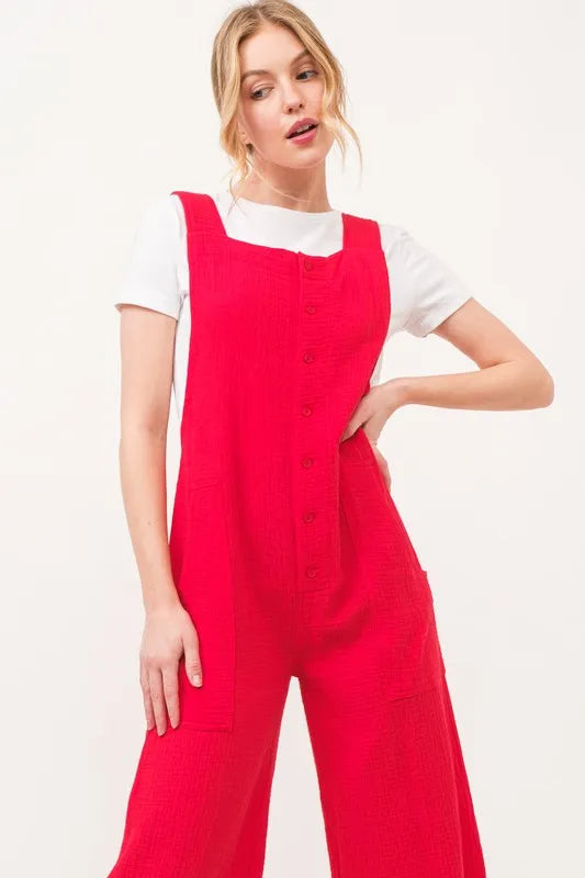 And The Why Gauze Loose Fit Tied Back Overalls