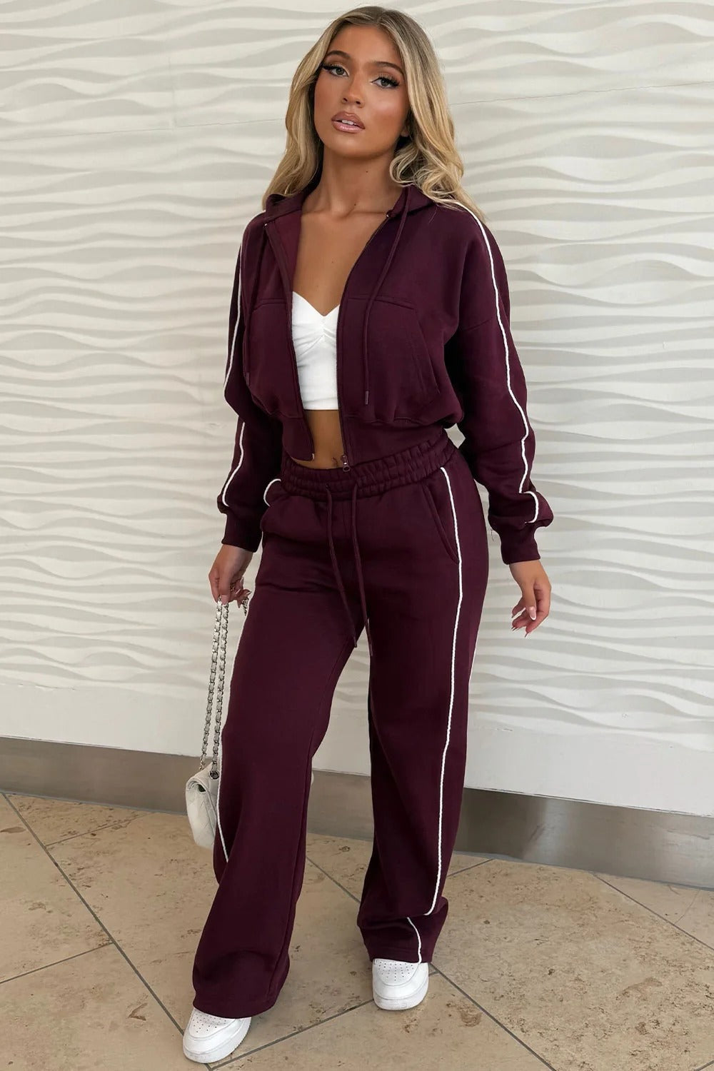 Women's Fleece Cropped Zip Hoodie & Wide-Leg Pants Set