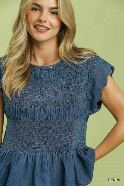 Umgee Smocked Peplum Top with Scalloped Ruffle Cap Sleeves