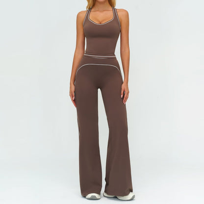 Womens Yoga Set V-neck Sleeveless Tops And Slim Straight Pants Summer Gym Sports Clothing