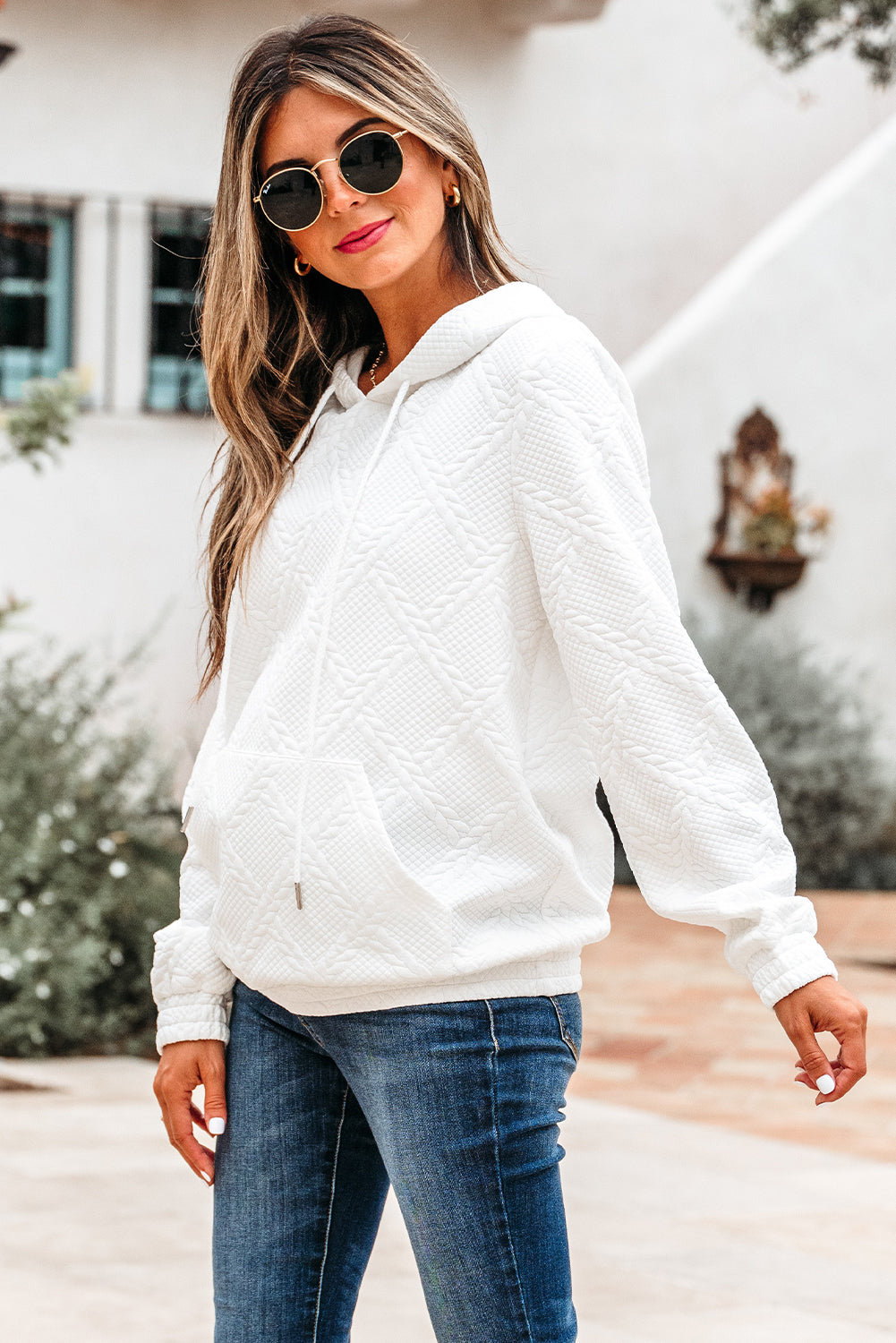 Threaded Pear Magnolia Cable Lattice Texture Kangaroo Pocket Hoodie