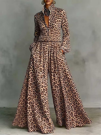 Leopard Print Wide-Leg Pants Set – Women’s Casual Two-Piece