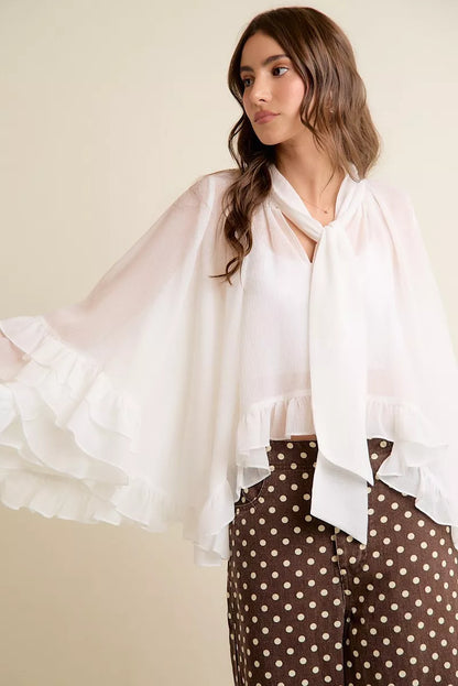 SO ME Sheer Ruffle Bell Sleeves Bow Tie Flowy Blouse Top