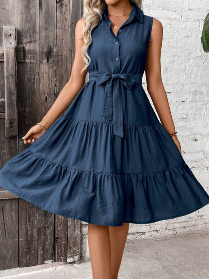 🌴 Women's Ruffle Hem Belted Shirt Maxi Dress