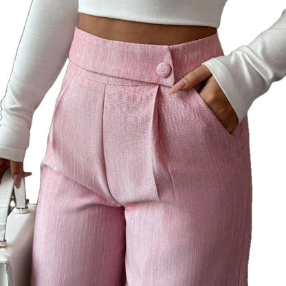 Women's High-Waist Straight-Leg Pants – Solid Color Button Detail Full Length
