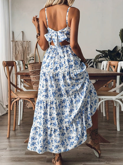 Women’s Floral Backless Maxi Dress – Strappy Dress with Bow & Flowy Skirt