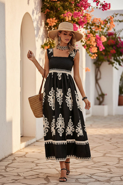 Women's Wide-Strap Printed Maxi Dress – Smocked Bodice & Tassel Waist