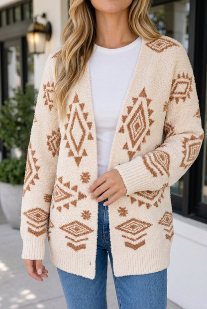 Threaded Pear Frankie Print Open Knit Sweater