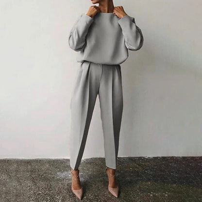 Women’s Solid Color 2-Piece Set – Long Sleeve Top & Pleated Pants Loungewear