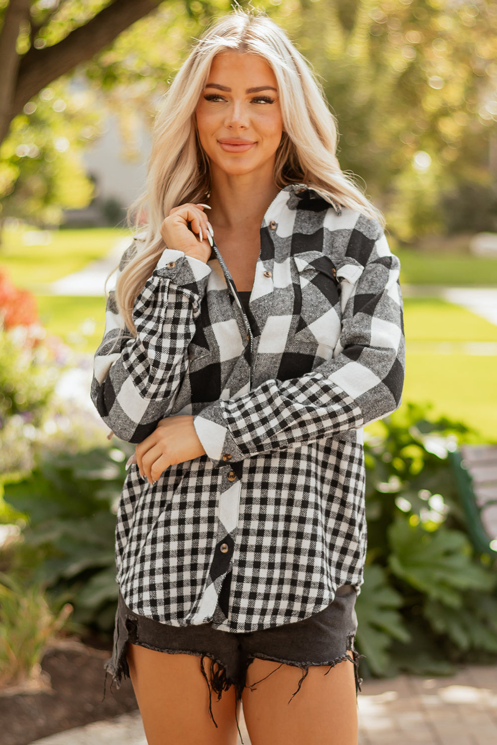 Threaded Pear Cecelia Patchwork Drawstring Hooded Shacket