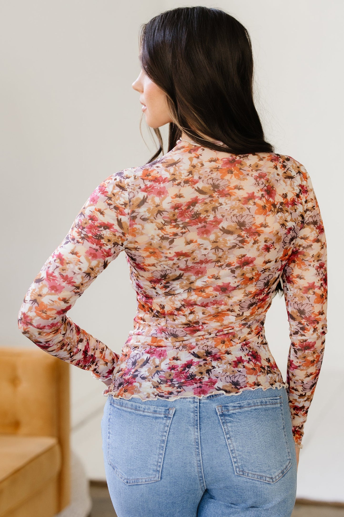 Threaded Pear Virginia Floral Print Mesh Long Sleeve Top