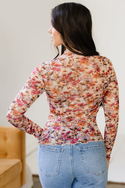 Threaded Pear Virginia Floral Print Mesh Long Sleeve Top