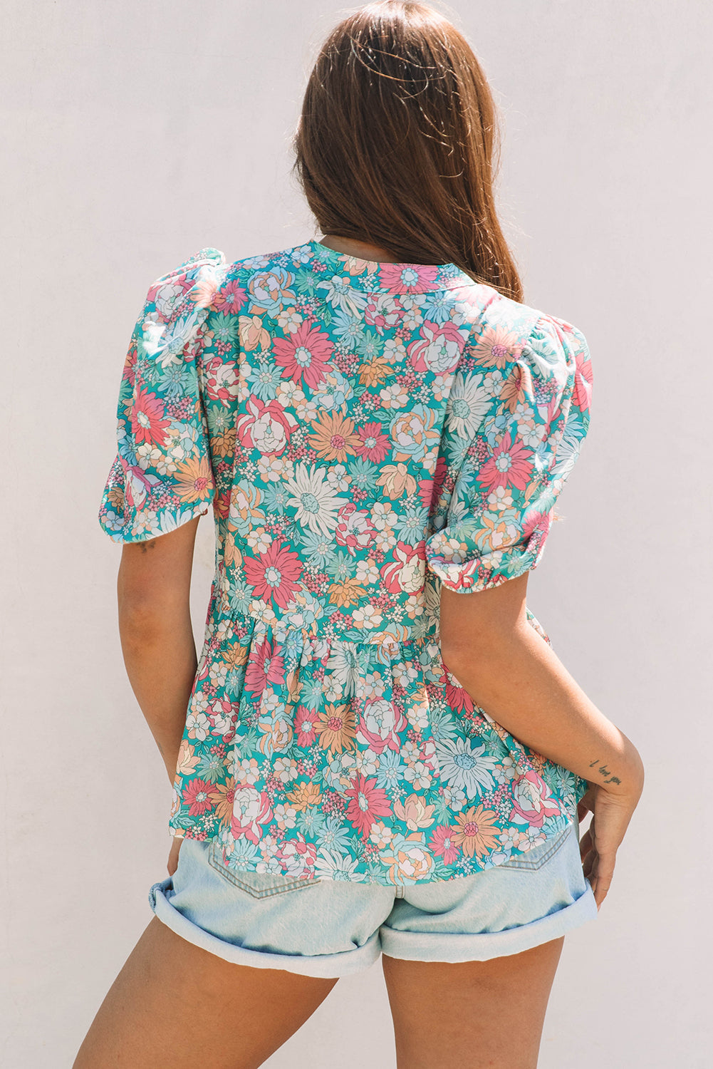 Threaded Pear Amaris Notched Neck Puff Short Sleeve Floral Blouse