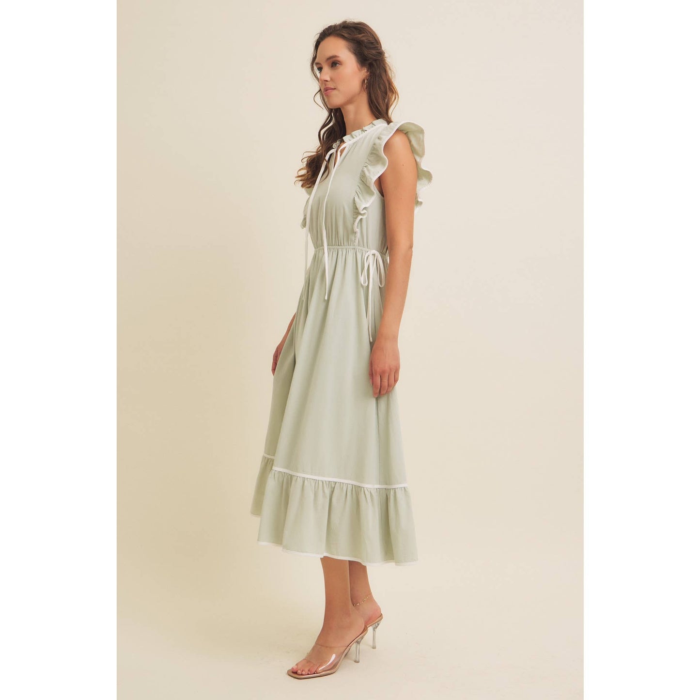 Annie- Cotton Gauze Midi Dress With Ruffles and Contrast Binding