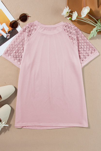 White Seamed Detail Contrast Lace Raglan Sleeve Tee