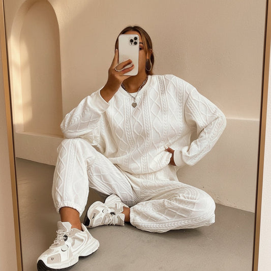 Women's Cable-Knit Texture Sweatshirt & Jogger Pants Set