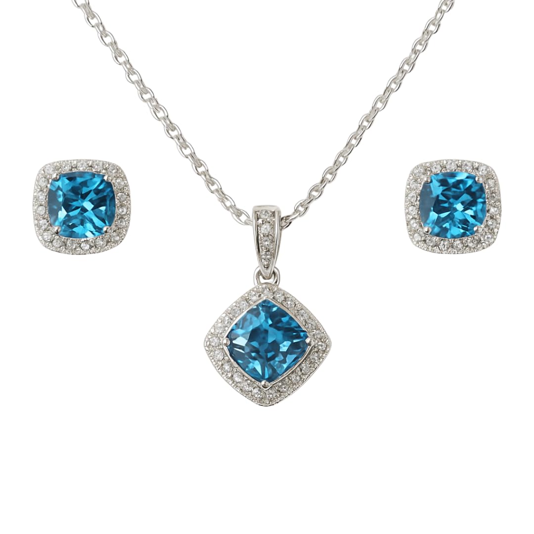 Earrings and Necklace Natural Cushion Blue Topaz Jewelry Sets