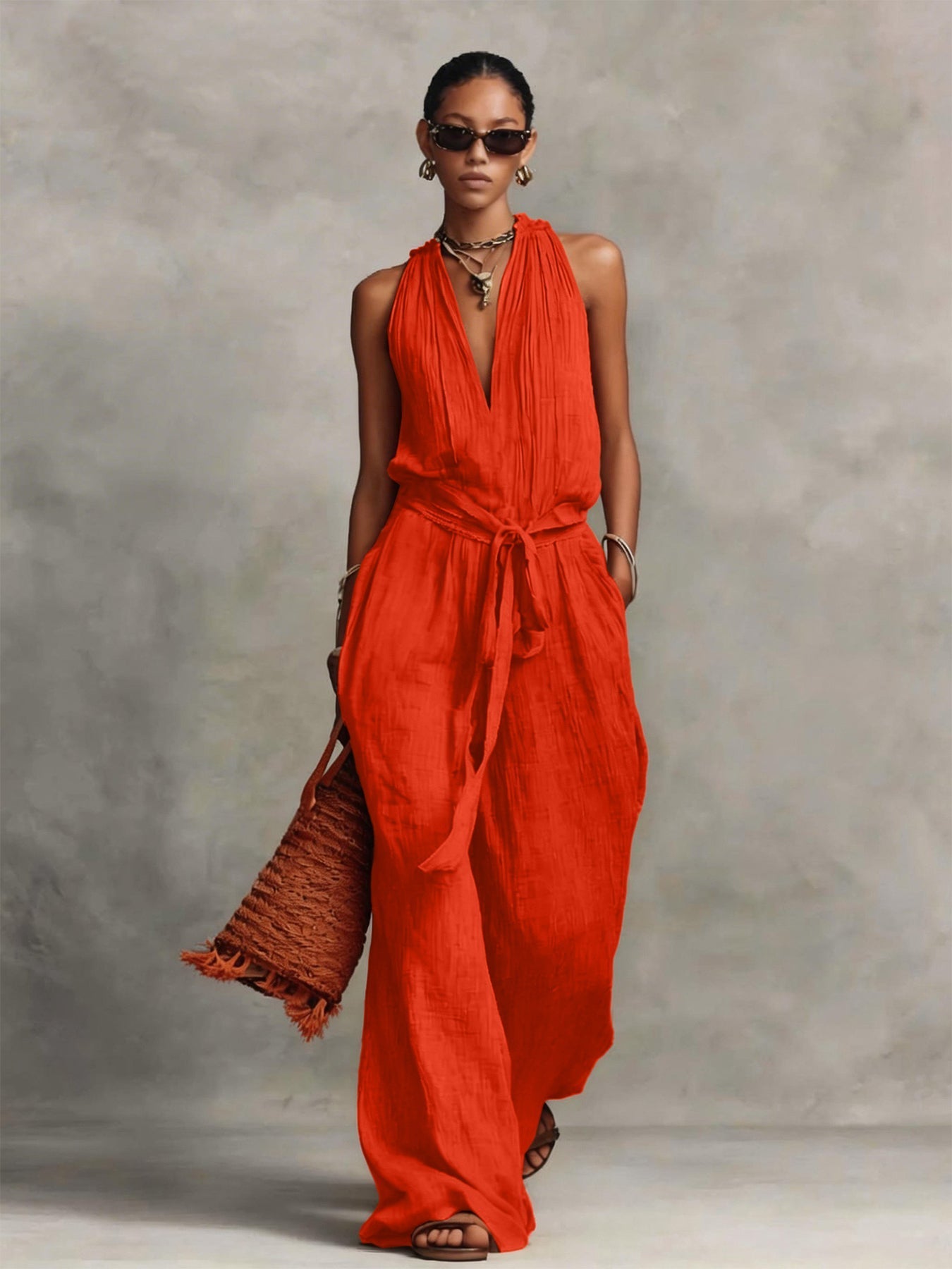 Lace-Up Sleeveless Straight-Leg Jumpsuit | Cotton-Blend