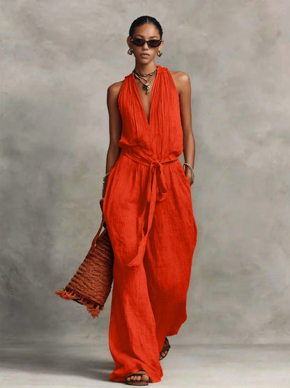 Lace-Up Sleeveless Straight-Leg Jumpsuit | Cotton-Blend