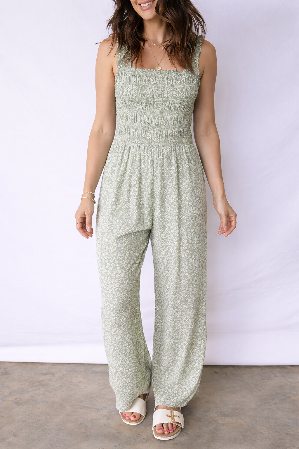 Threaded Pear Calliope Square Sleeveless Floral Jumpsuit