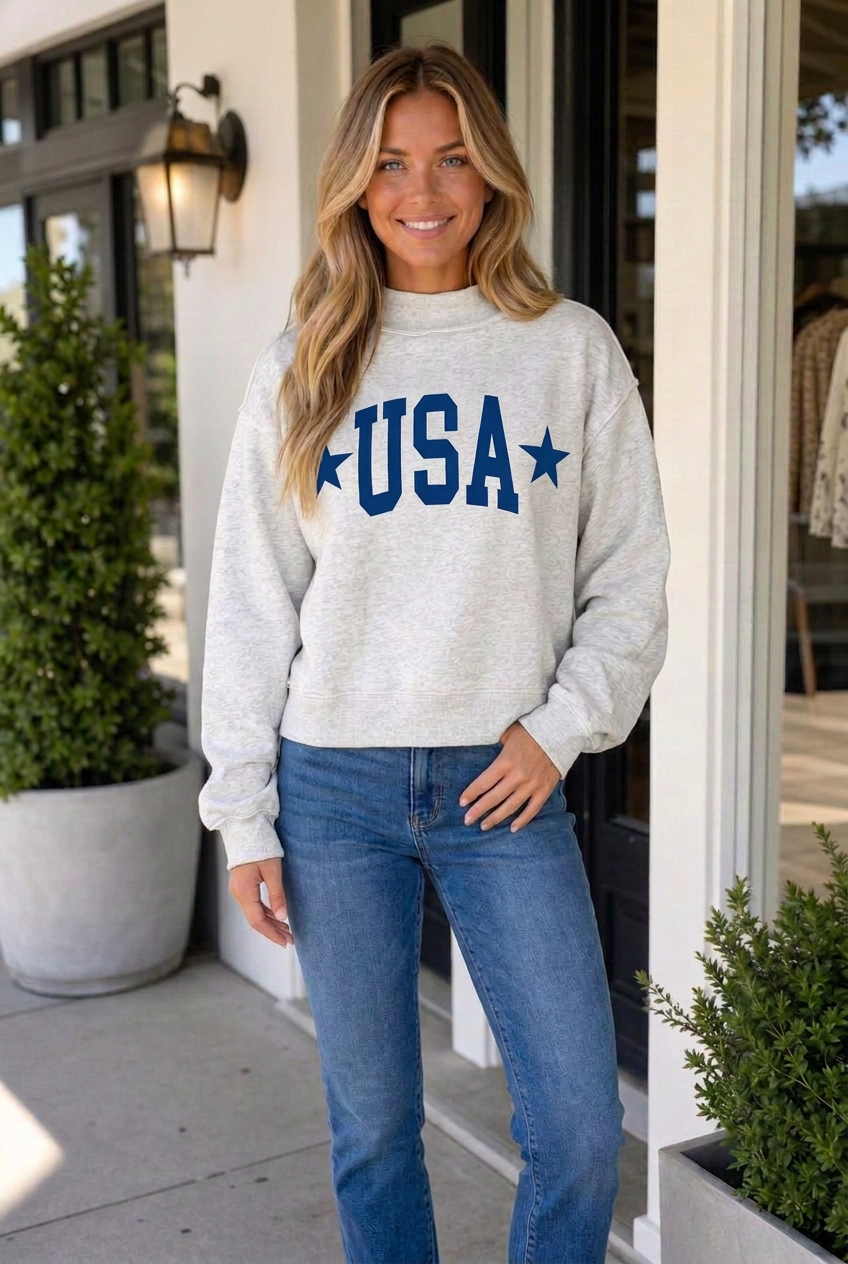 Threaded Pear Regeena Mock Usa Slogan Pullover