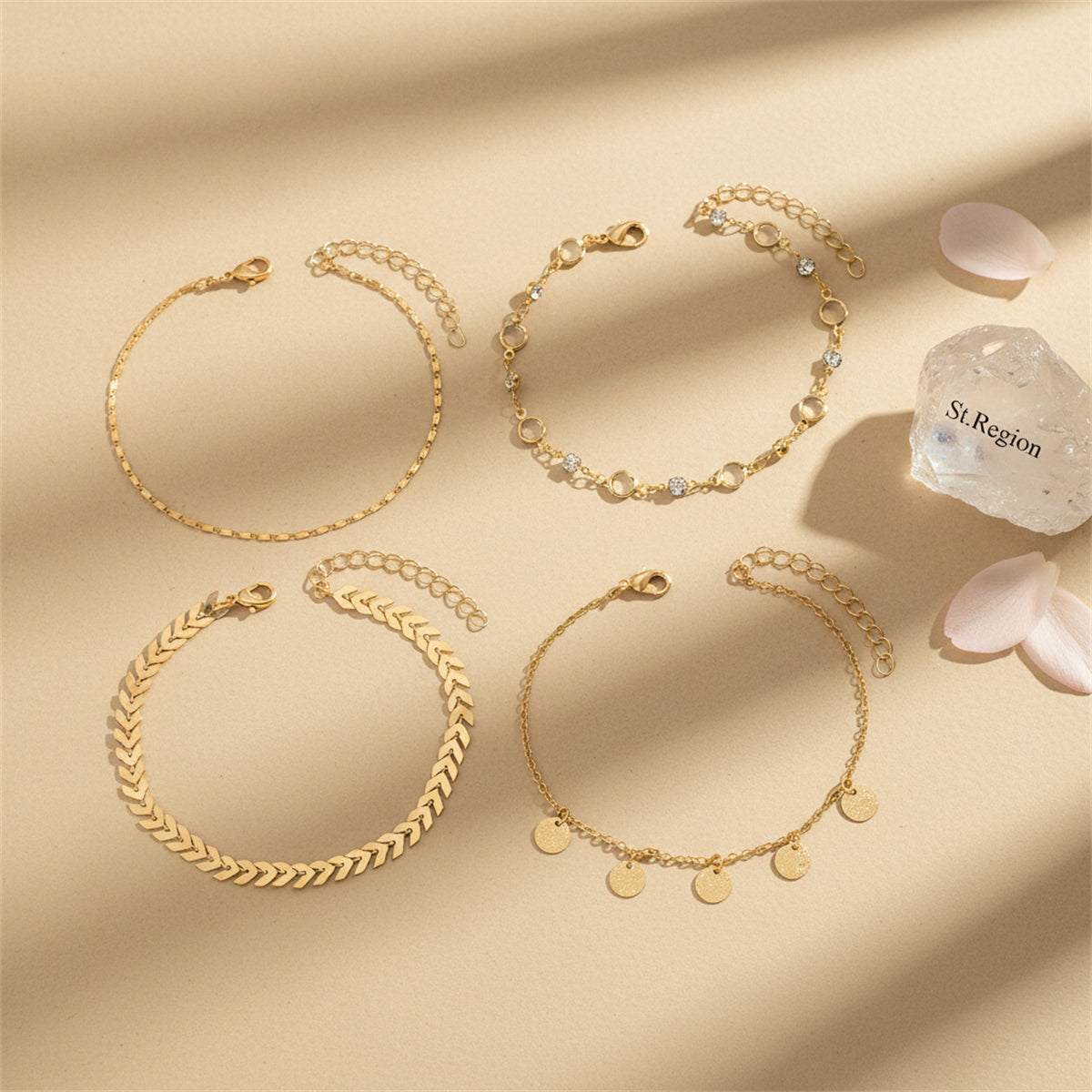 Clear Crystal & Cubic Zirconia Goldtone Wheat Chain Sequin Tassel Anklet Set