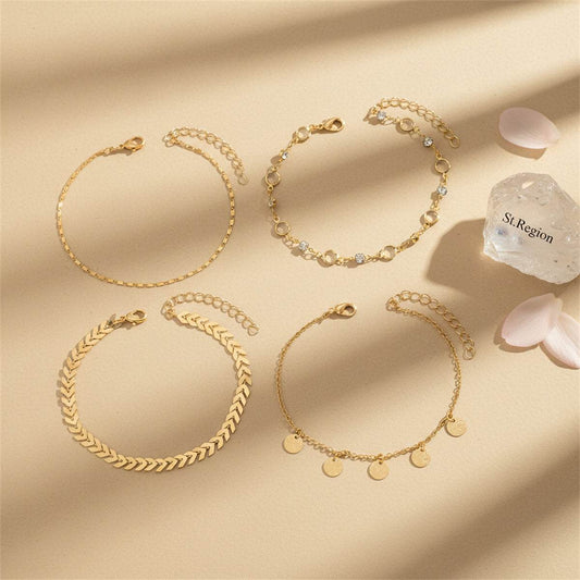 Clear Crystal & Cubic Zirconia Goldtone Wheat Chain Sequin Tassel Anklet Set
