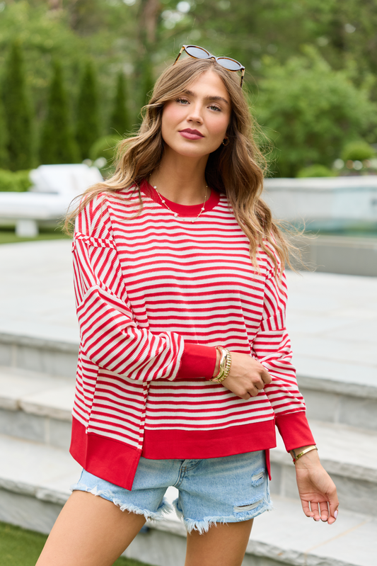 Kara Red And White Stripe Waffle Pullover