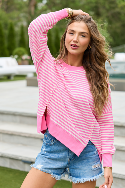 Kara Pink And White Stripe Waffle Pullover
