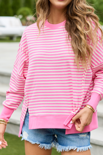 Kara Pink And White Stripe Waffle Pullover