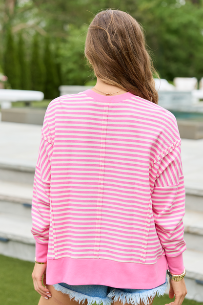 Kara Pink And White Stripe Waffle Pullover