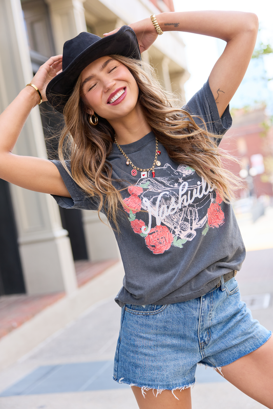 Nashville Vintage Rose Dark Grey Graphic Tee