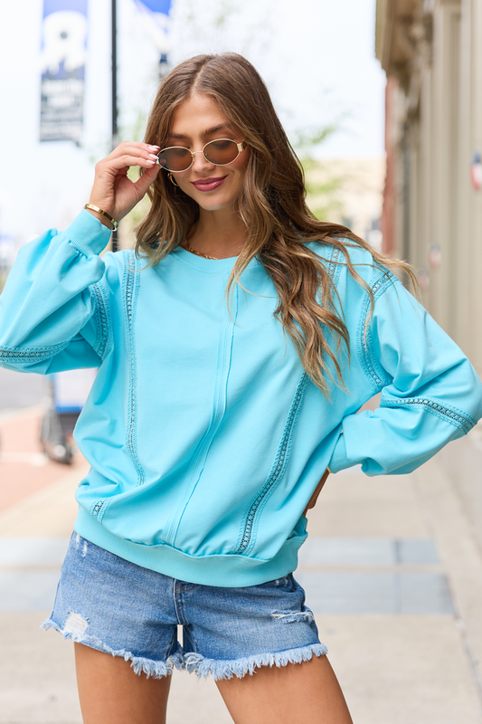 Sadie Turquoise Eyelet Trim Pullover