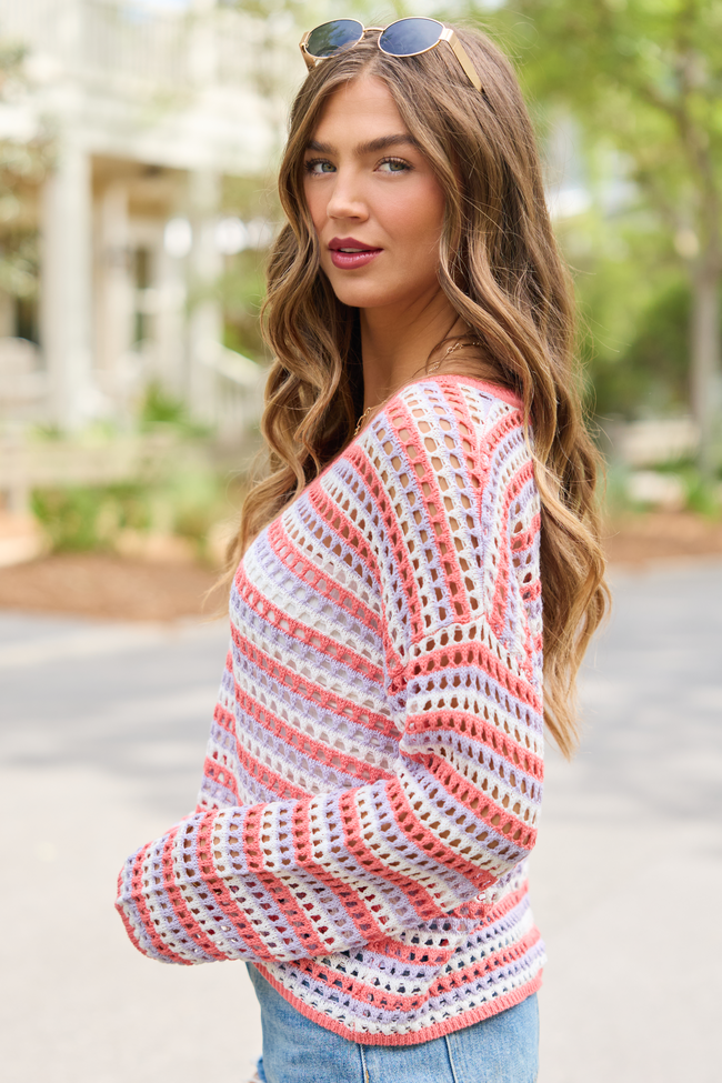 Chasing Rainbows Coral Striped Crochet Sweater