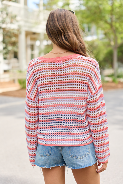 Chasing Rainbows Coral Striped Crochet Sweater