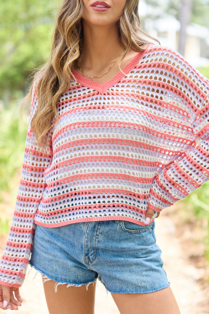 Chasing Rainbows Coral Striped Crochet Sweater