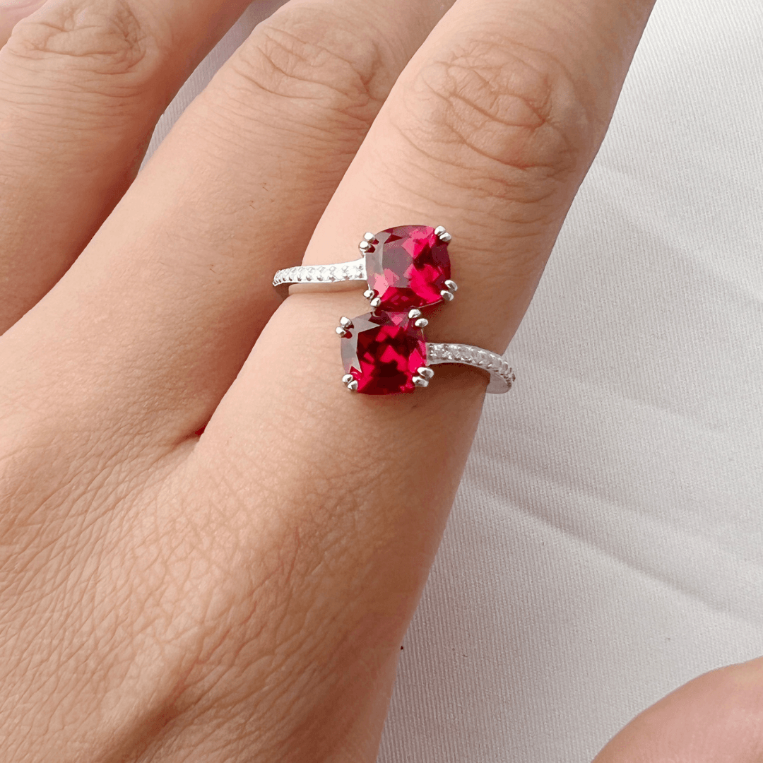 Cushion Red Lab Grown Ruby Silver Bypass Dual Stone Ring