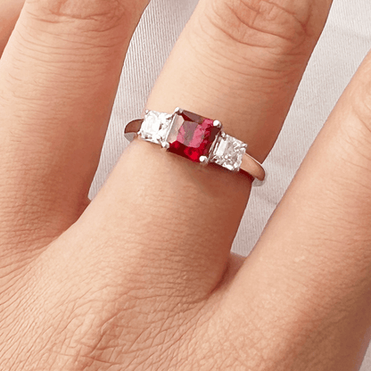 Octagon Red Lab Grown Ruby Prong Silver Three Stone Promise Ring