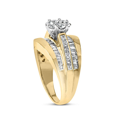 14K Yellow Gold 2-1/3 Cttw Diamond Cluster Channel Set Chevron Shaped Band Engagement Ring & Wedding Band Set (H-I Color, SI1-SI2 Clarity)-