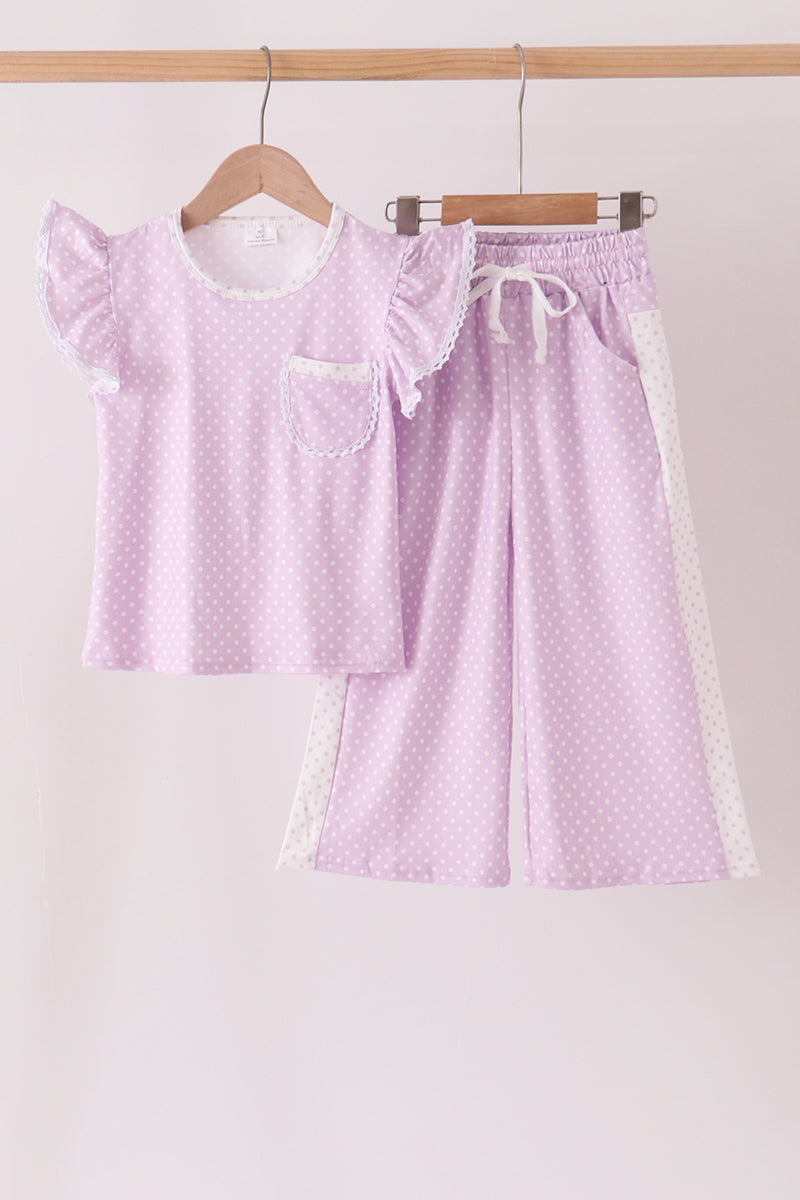 Lavender Polka Dot Pocket Ruffle Pants Set