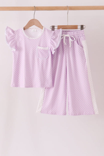 Lavender Polka Dot Pocket Ruffle Pants Set
