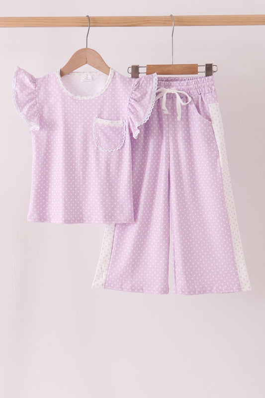 Lavender Polka Dot Pocket Ruffle Pants Set