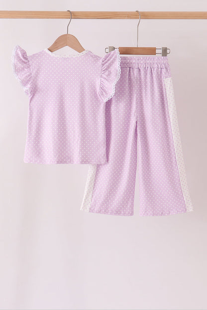 Lavender Polka Dot Pocket Ruffle Pants Set