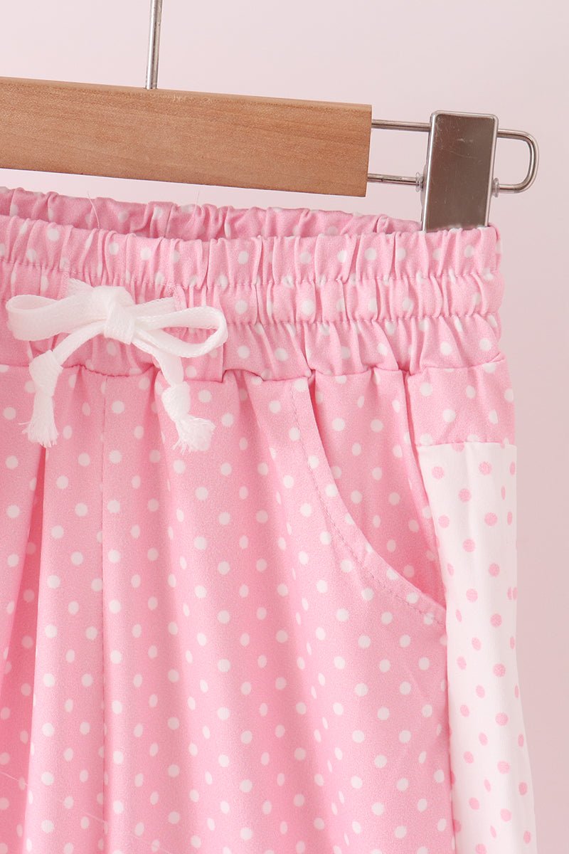 Pink Polka Dot Pocket Ruffle Pants Set