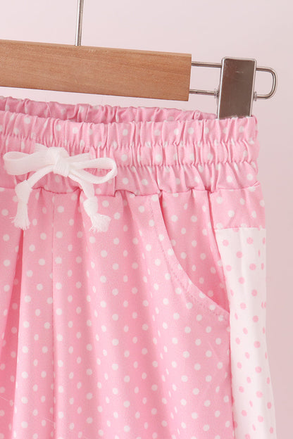 Pink Polka Dot Pocket Ruffle Pants Set