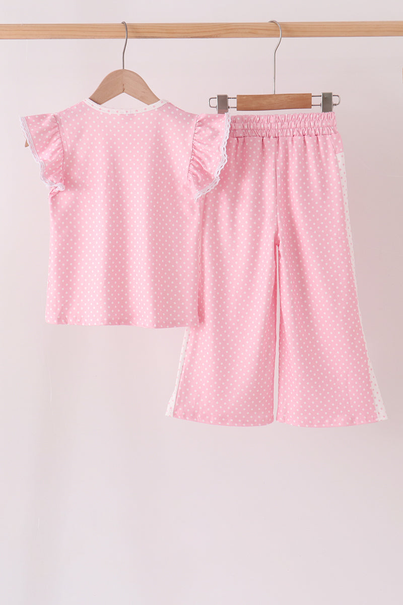 Pink Polka Dot Pocket Ruffle Pants Set
