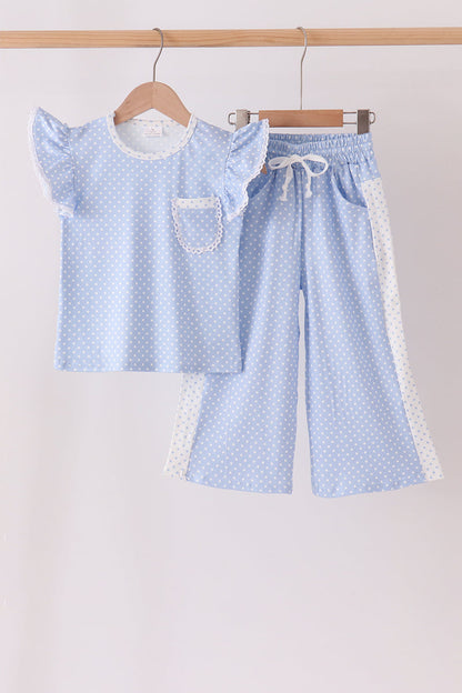 Blue Polka Dot Pocket Ruffle Pants Set