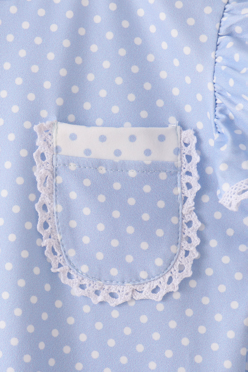 Blue Polka Dot Pocket Ruffle Pants Set