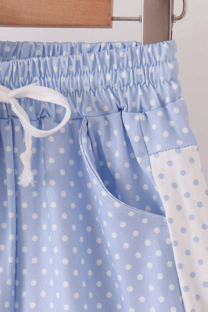 Blue Polka Dot Pocket Ruffle Pants Set