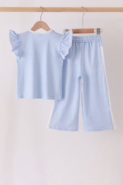 Blue Polka Dot Pocket Ruffle Pants Set